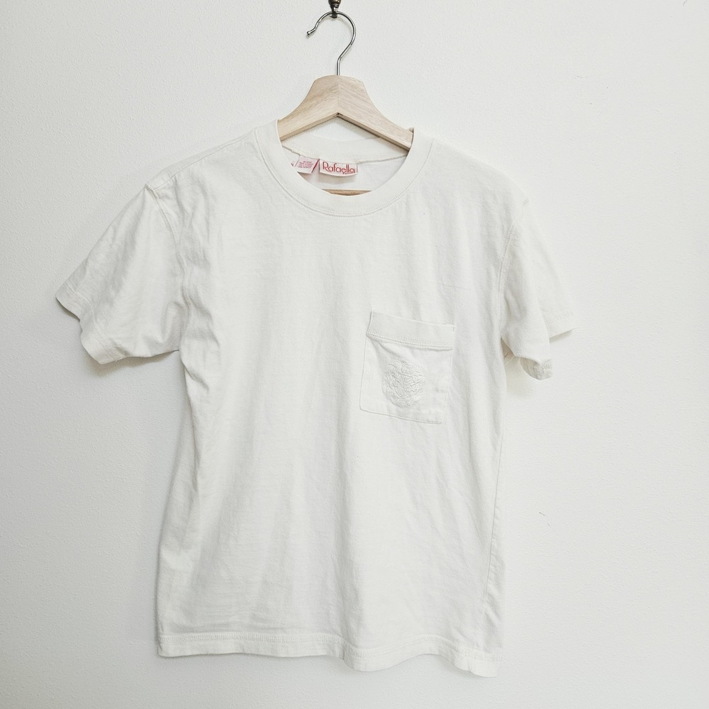 Vintage Women's Top Embroidered Front Pocket Rafaella Size Small Beige 90s